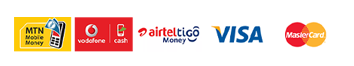 MTN Mobile Money, Vodafone Cash, AirtelTigo Money, Visa, and Mastercard payment methods